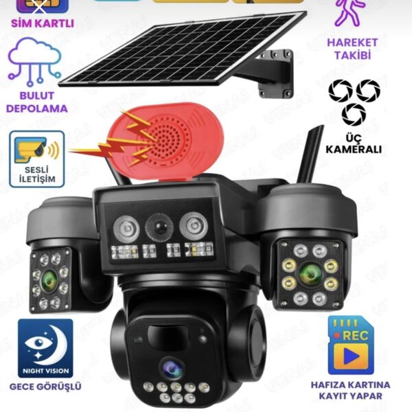 OKAM 8090 Solar Pro 4g Simkartlı Güneş Enerjili 3 Lens Akıllı Güvenlik Kamerası